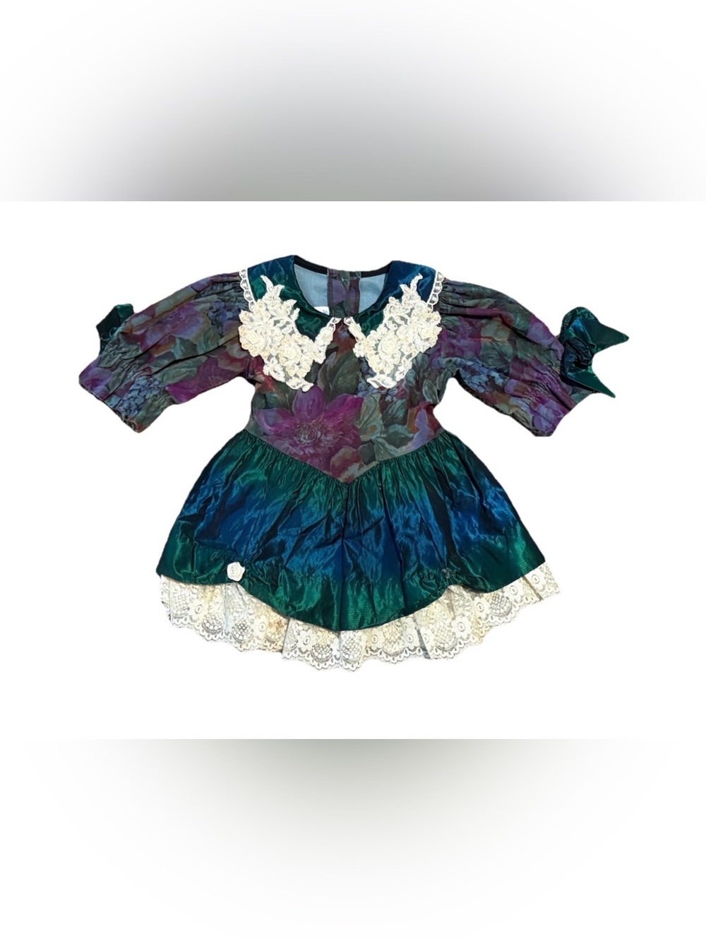 Vintage 80s Sarah Kent Dress Girls Size 4T Multicolor Lace Dark Green Purple